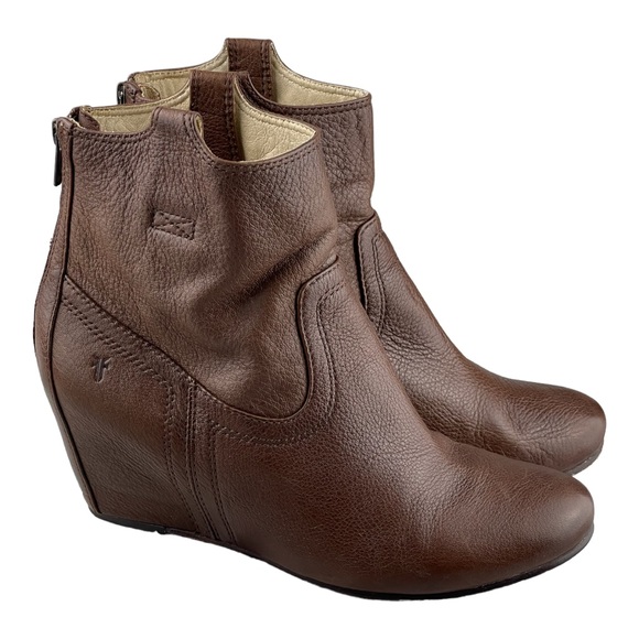 Frye Shoes - FRYE Carson Wedge Bootie Brown Leather Zip Ankle Boots Womens Size 10M 3470655